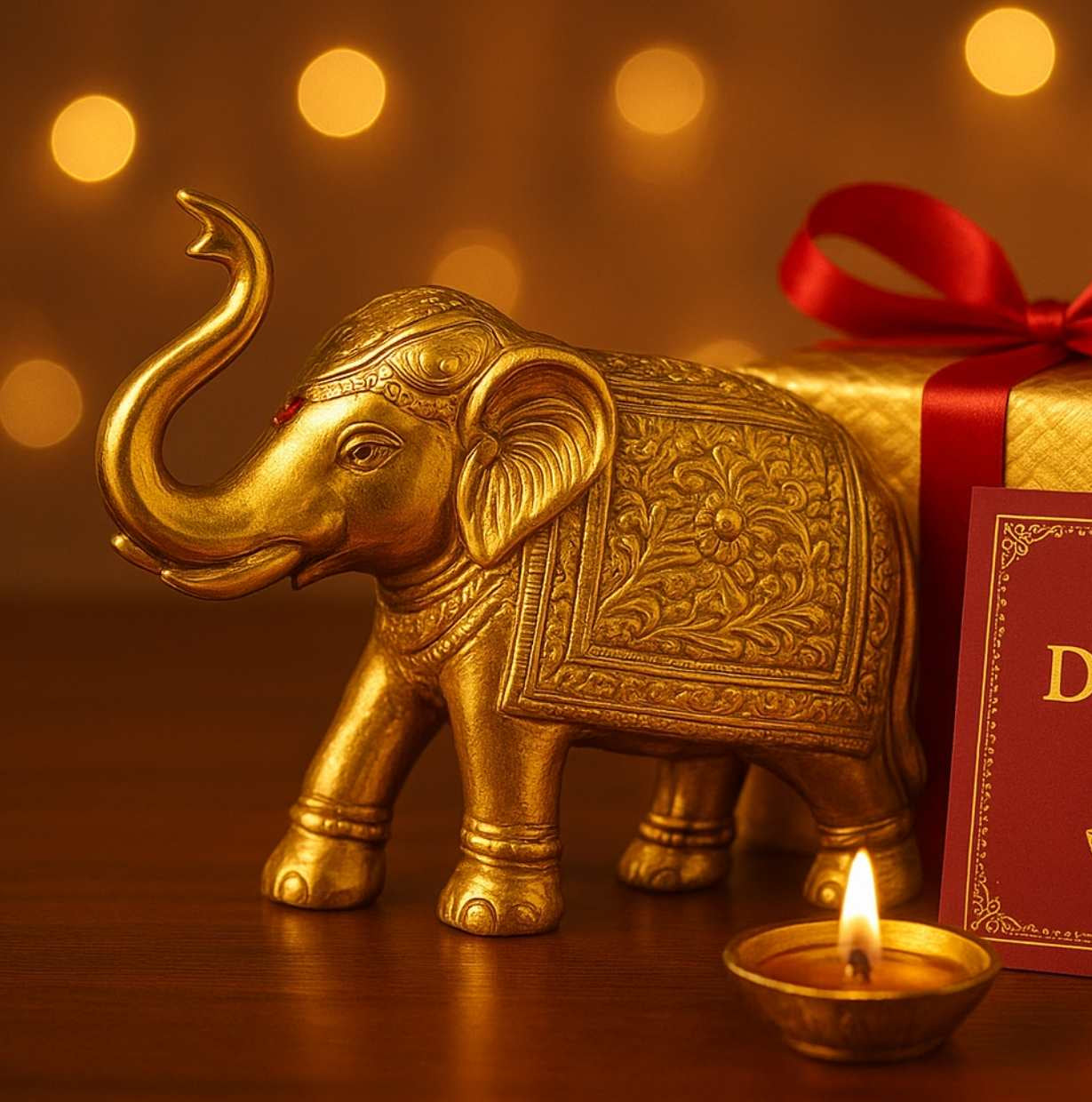 Decorative gold elephant, red gift box with bow, and 'Happy Diwali' card on a warm background.