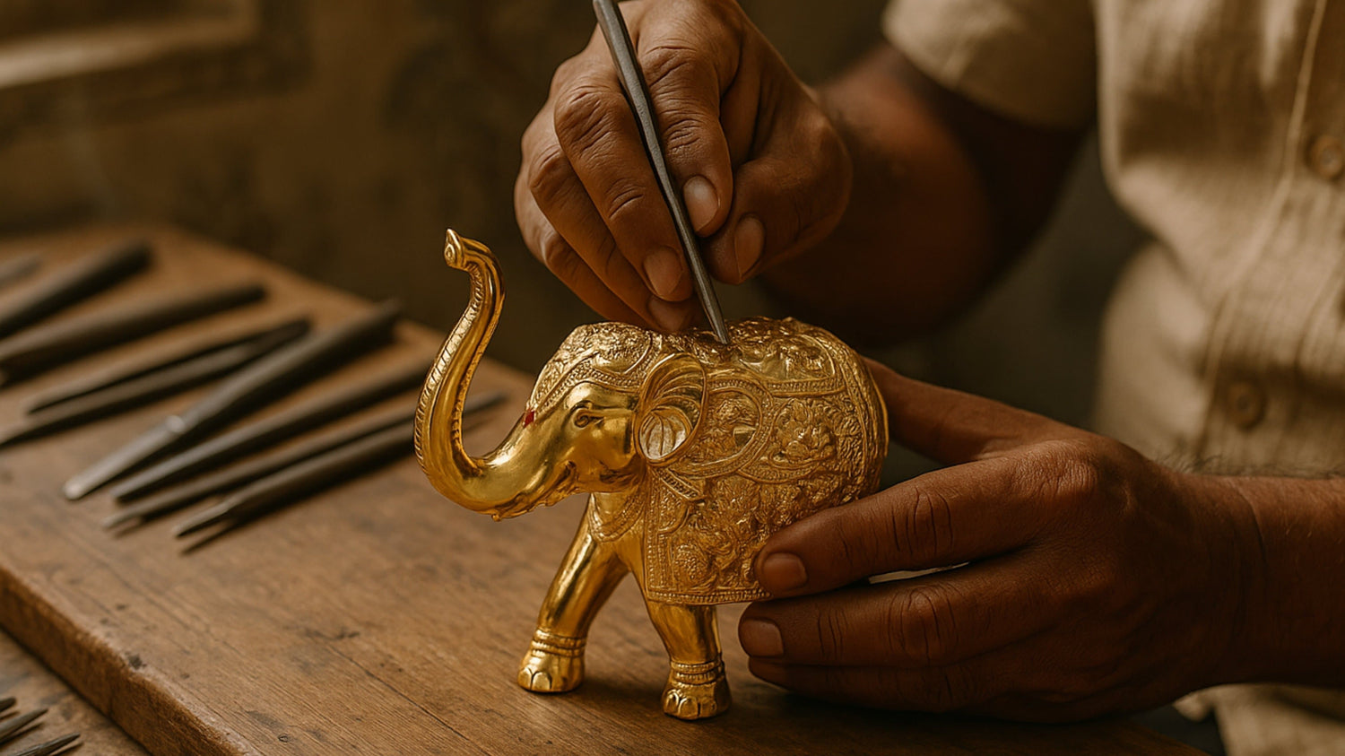 Person crafting a gold elephant figurine with tools on a wooden surface
