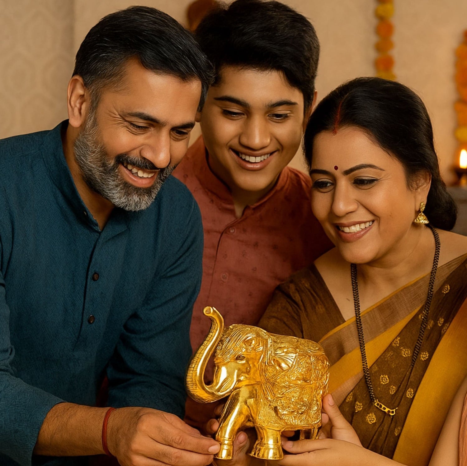 Family of four, including a man, woman, and two children, holding a gold elephant statue indoors.