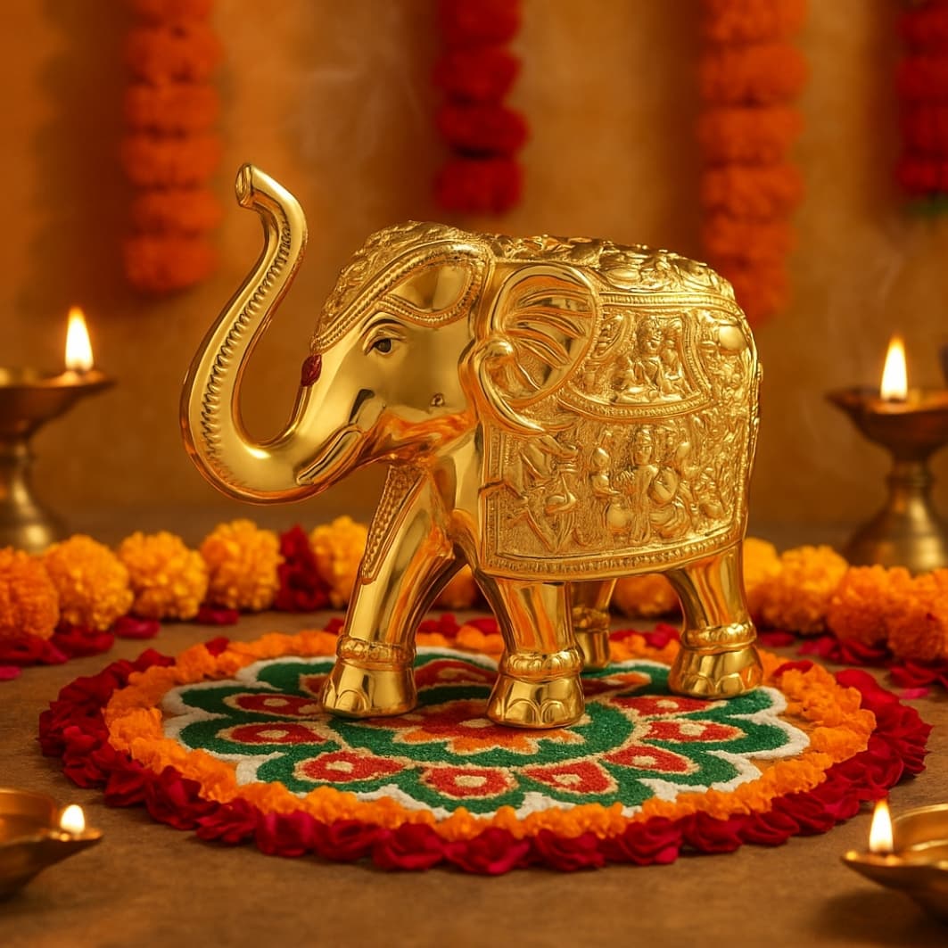 Decorative gold elephant on a floral platform with candles in the background