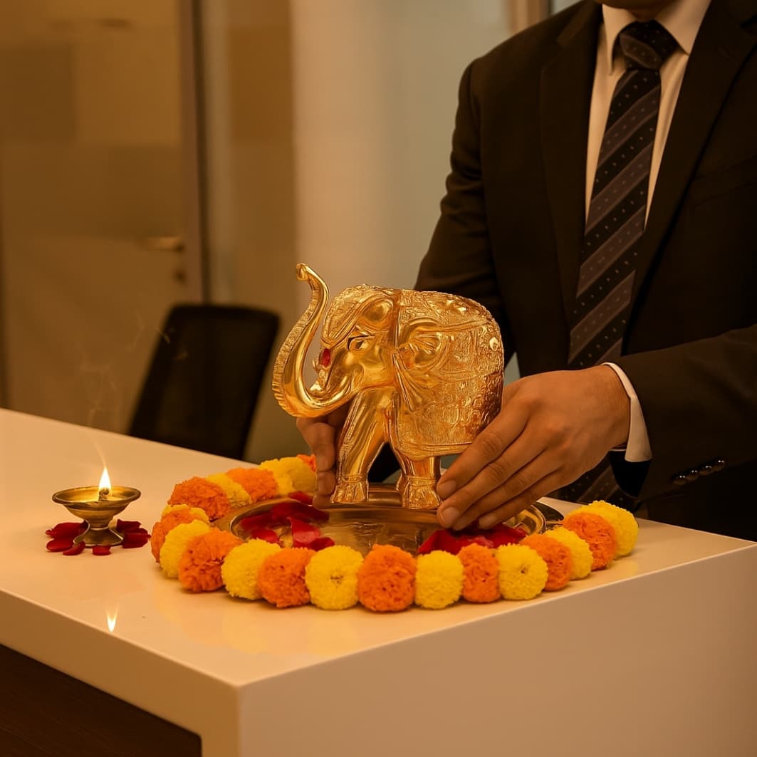Gold elephant statue on a floral arrangement with a person in a suit holding it.