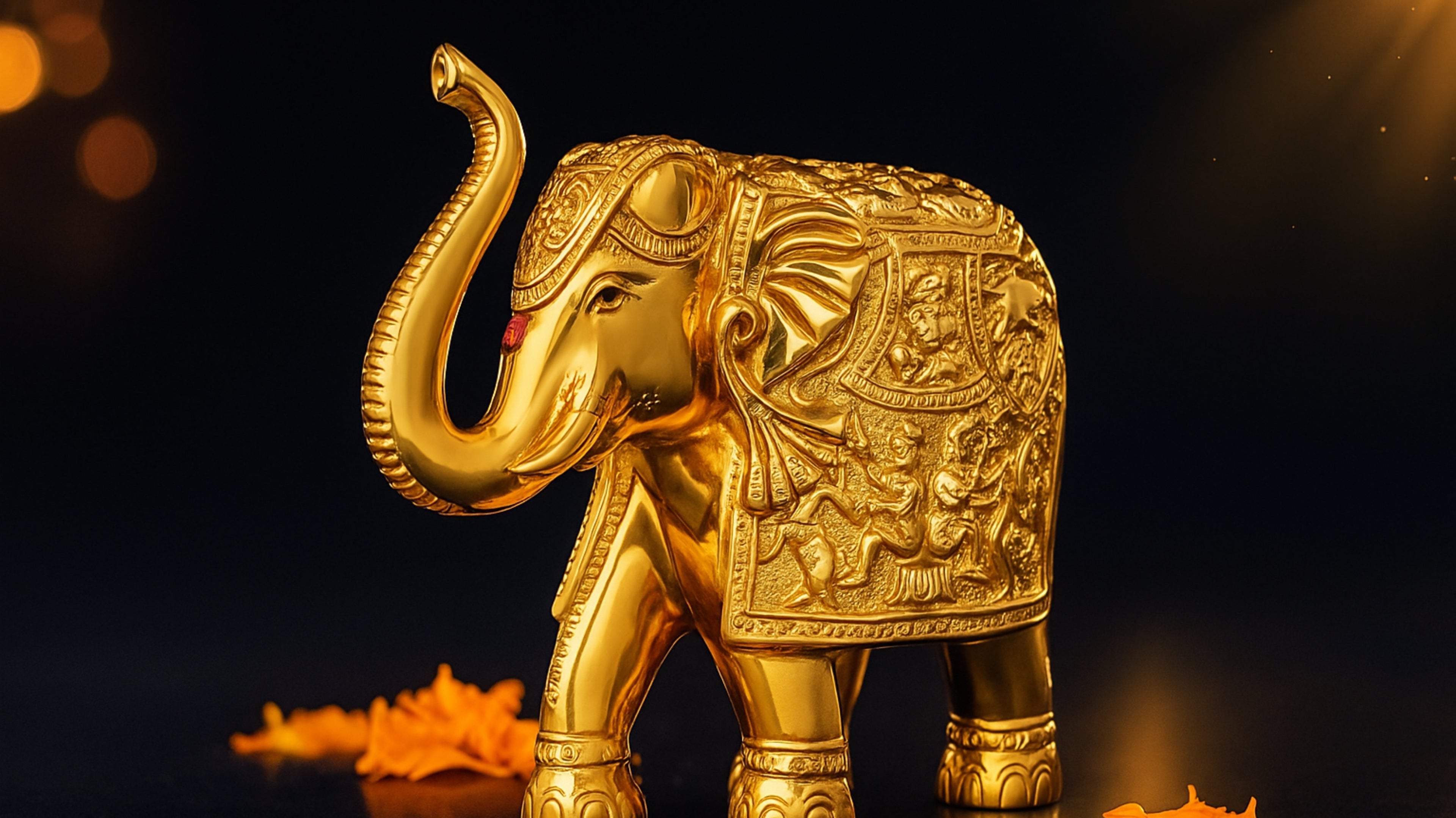 Decorative gold elephant figure on a dark background